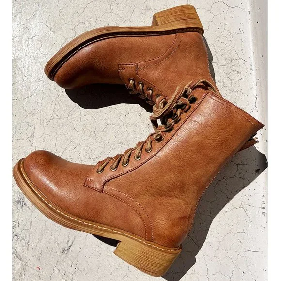 BEAST FASHION Tan Leather Combat Boots - Picture 8 of 13